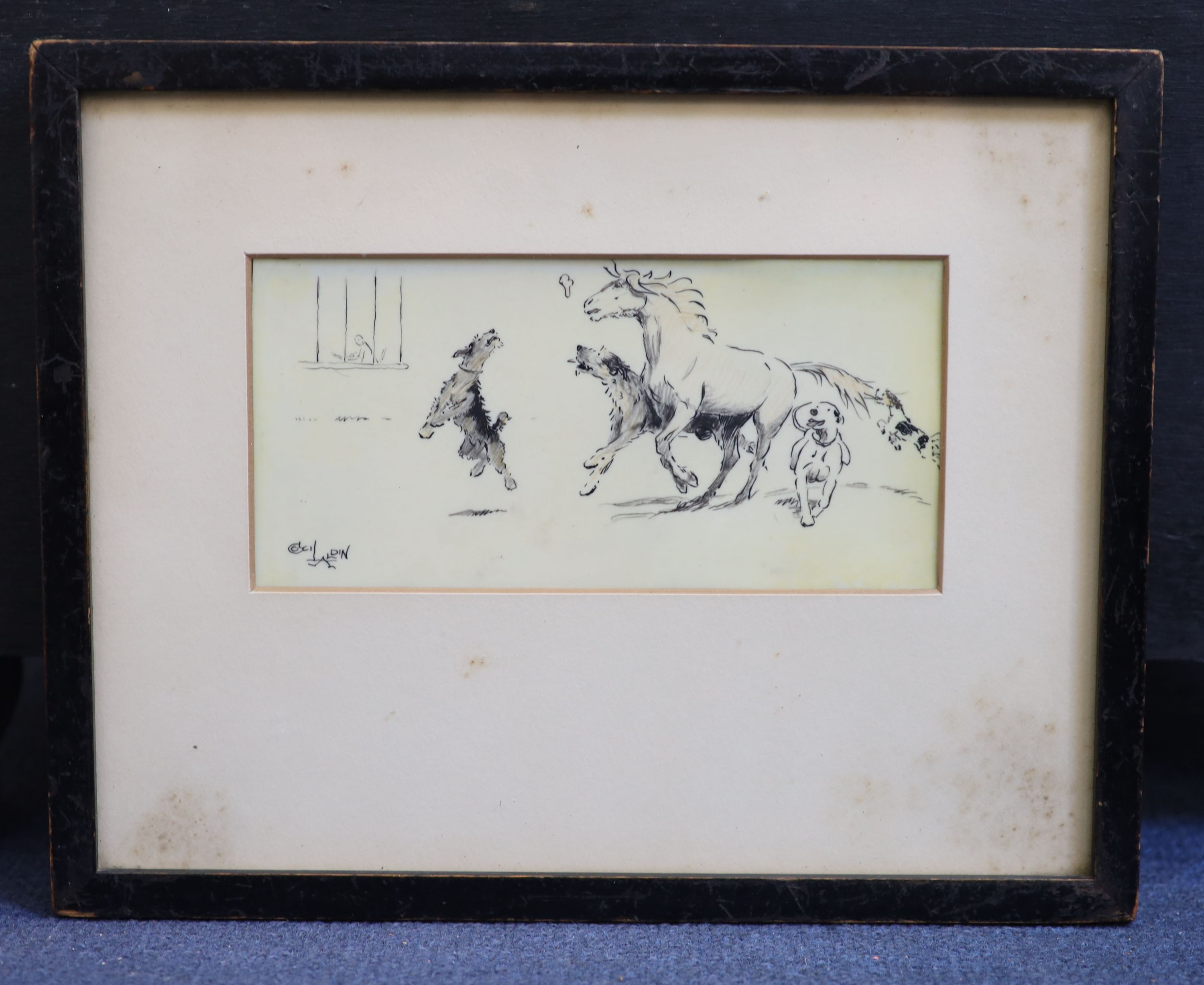 Cecil Aldin (1870-1935), Dogs running with a pony, Pencil and ink on ivorine panel, 8.5 x 18cm.